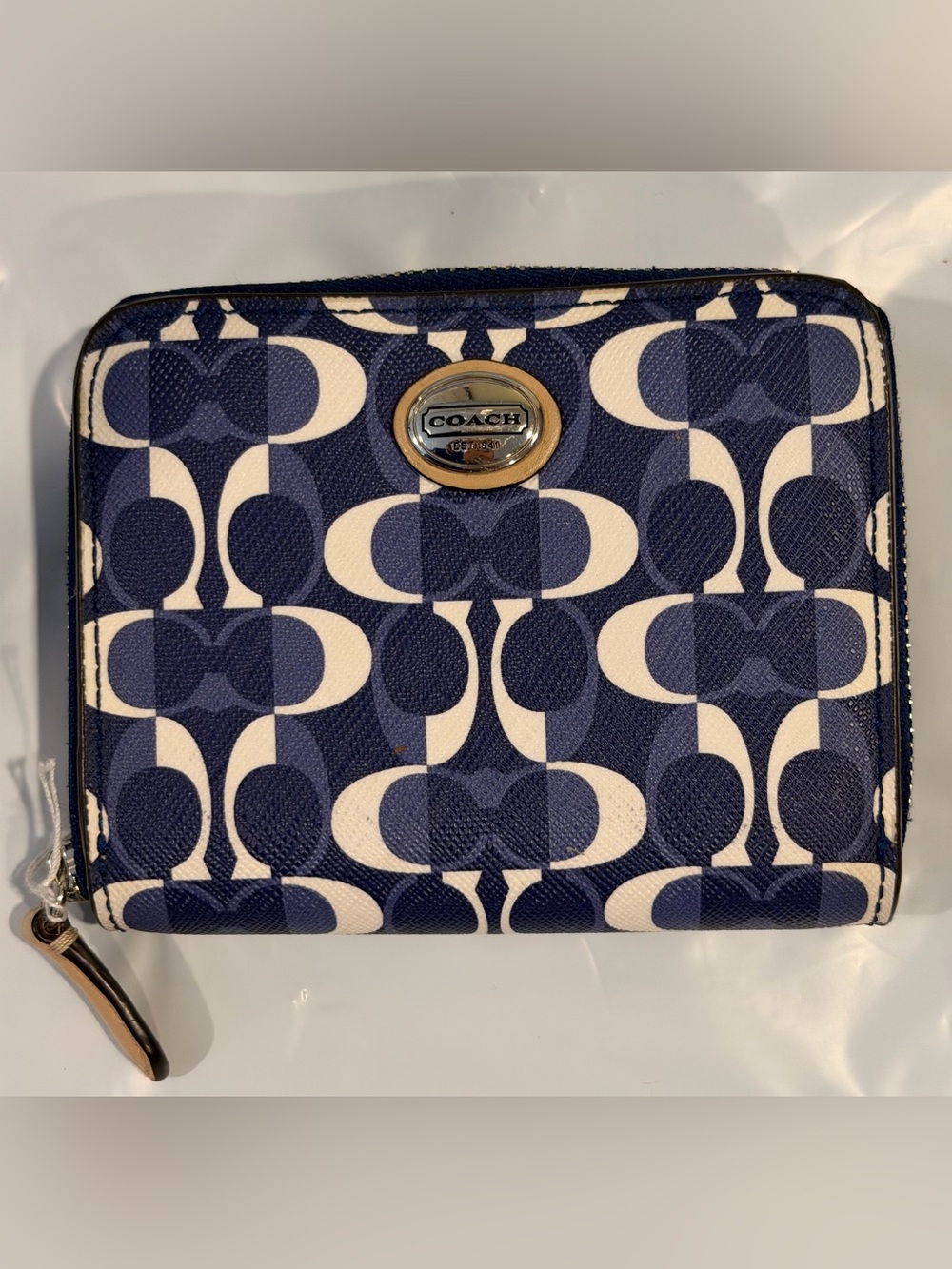 Coach Dreamer Compact Bifold Wallet Blue Op Art Signature Zip Around